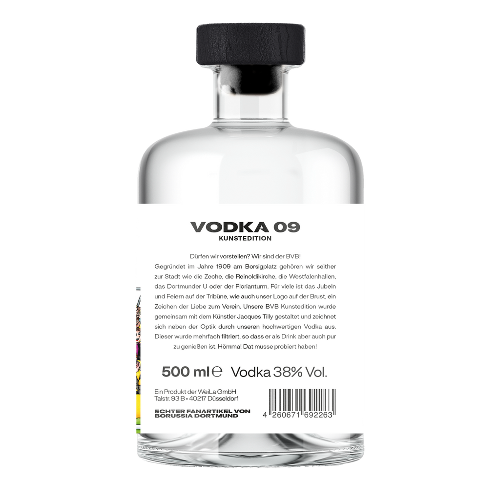 BVBウォッカ 09 アートエディションのボトル。アルコール度数38％、容量500ml、エレガントなデザインと黒いキャップが特徴。ボルシア・ドルトムントの公式グッズです。