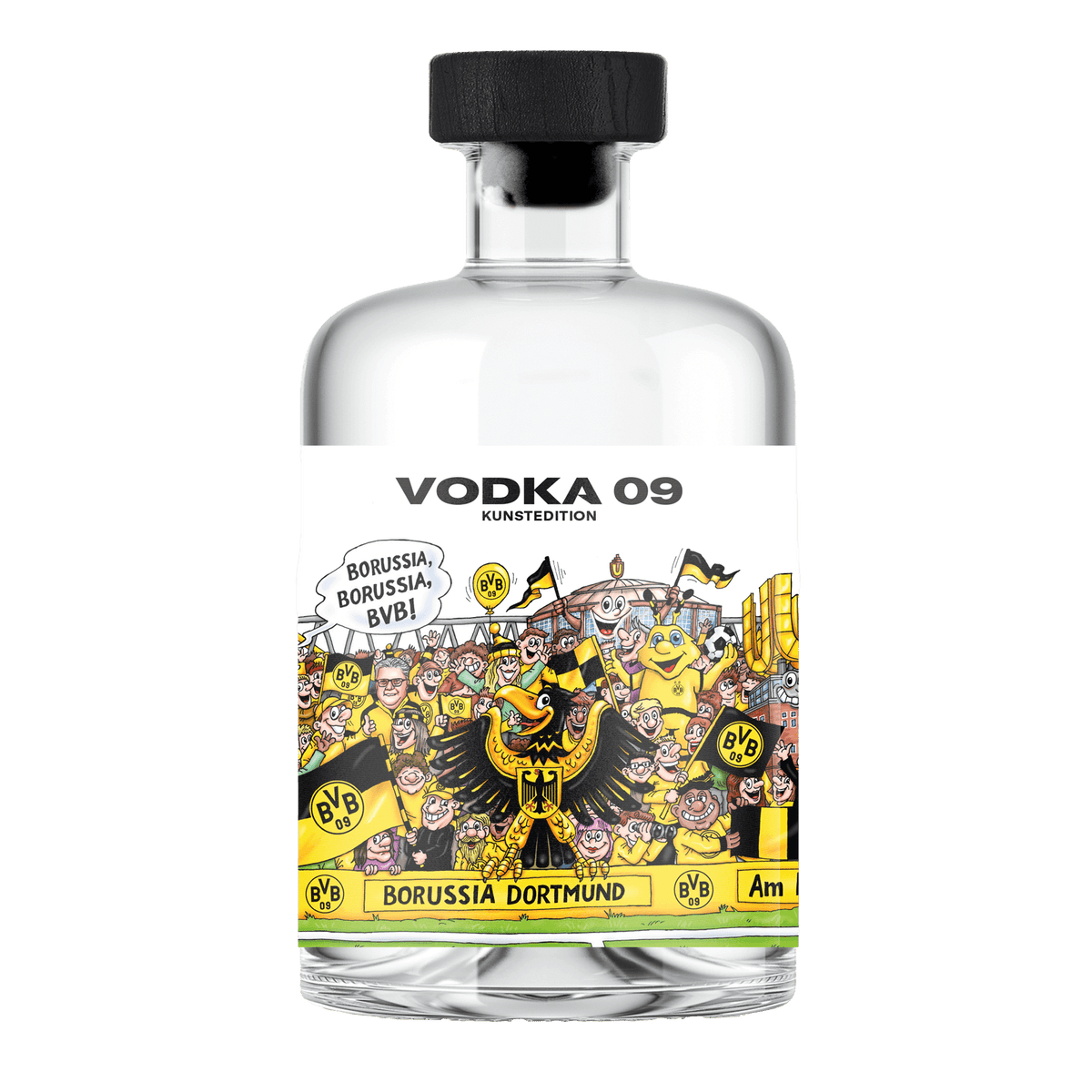 Exclusive BVB Vodka 09 Art Edition in a stylish glass bottle featuring a black-and-yellow design and Borussia Dortmund fan motifs.