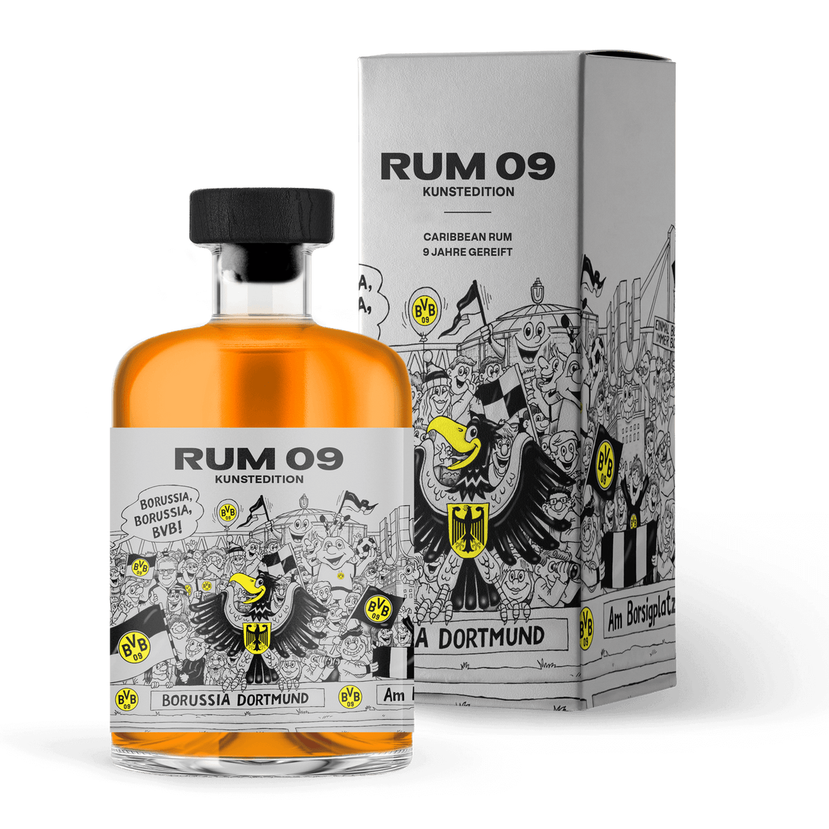 BVB Rum 09 Kunstedition: Hochwertiger karibischer Rum, 9 Jahre gereift, mit kreativem schwarzgelbem Design und Borsigplatz-Motiv, ideal für Fans von Borussia Dortmund.