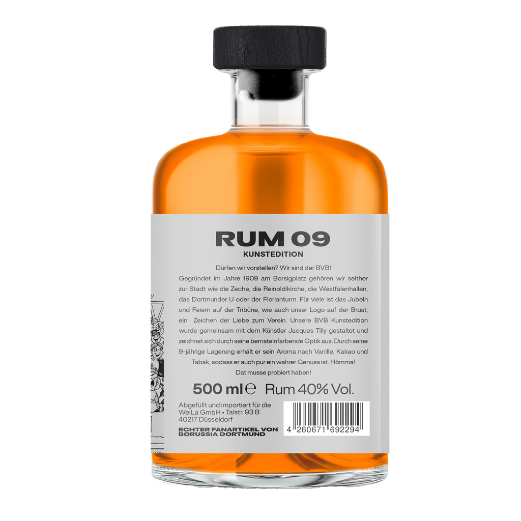 Bottiglia da 500 ml di rum 09 Kunstedition del BVB, di colore ambrato, con tappo nero ed elegante etichetta, articolo ufficiale per i tifosi del Borussia Dortmund.