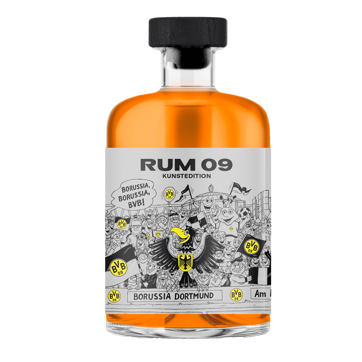 Rum der BVB 09 Kunstedition in einer edlen Glasflasche mit Fan-Motiv und Borussia-Dortmund-Details, ideal für Fans und Sammler.