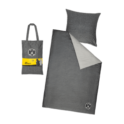 BVBのロゴが入ったグレーのメランジ柄のBVB寝具セット。135×200cmの枕カバーと掛け布団カバーが含まれており、GOTS認証を受けたコットンを使用しています。お揃いのキャリーバッグ付きでお届けします。