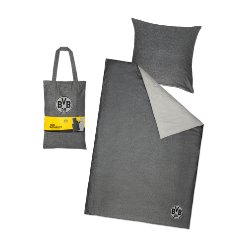 Grau melierte BVB-Bettwäsche mit BVB-Logo, inklusive Kissenbezug und Deckenbezug in 135x200 cm, hergestellt aus GOTS-zertifizierter Baumwolle, geliefert mit passender Tragetasche.