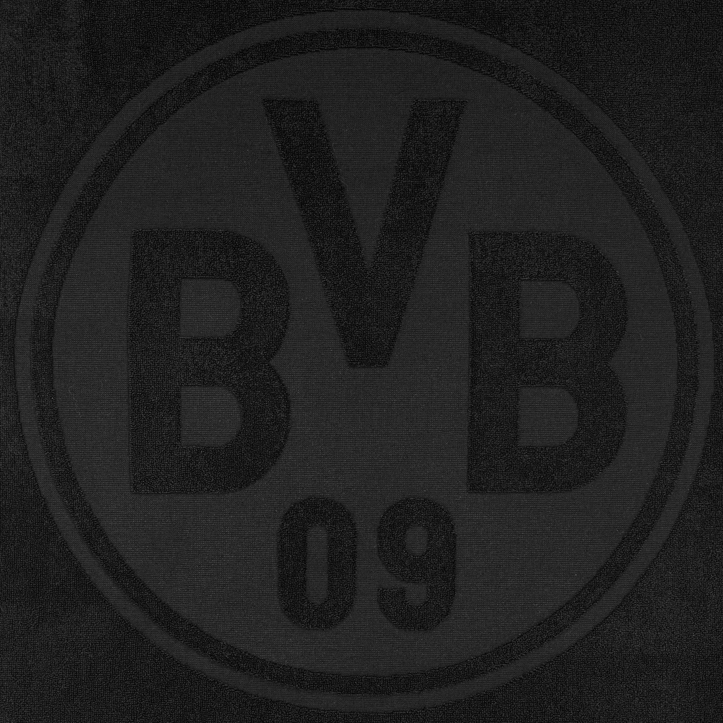 Serviette de bain noire du BVB avec un grand logo du BVB, dimensions : 70 x 180 cm, idéale pour les supporters du Borussia Dortmund.