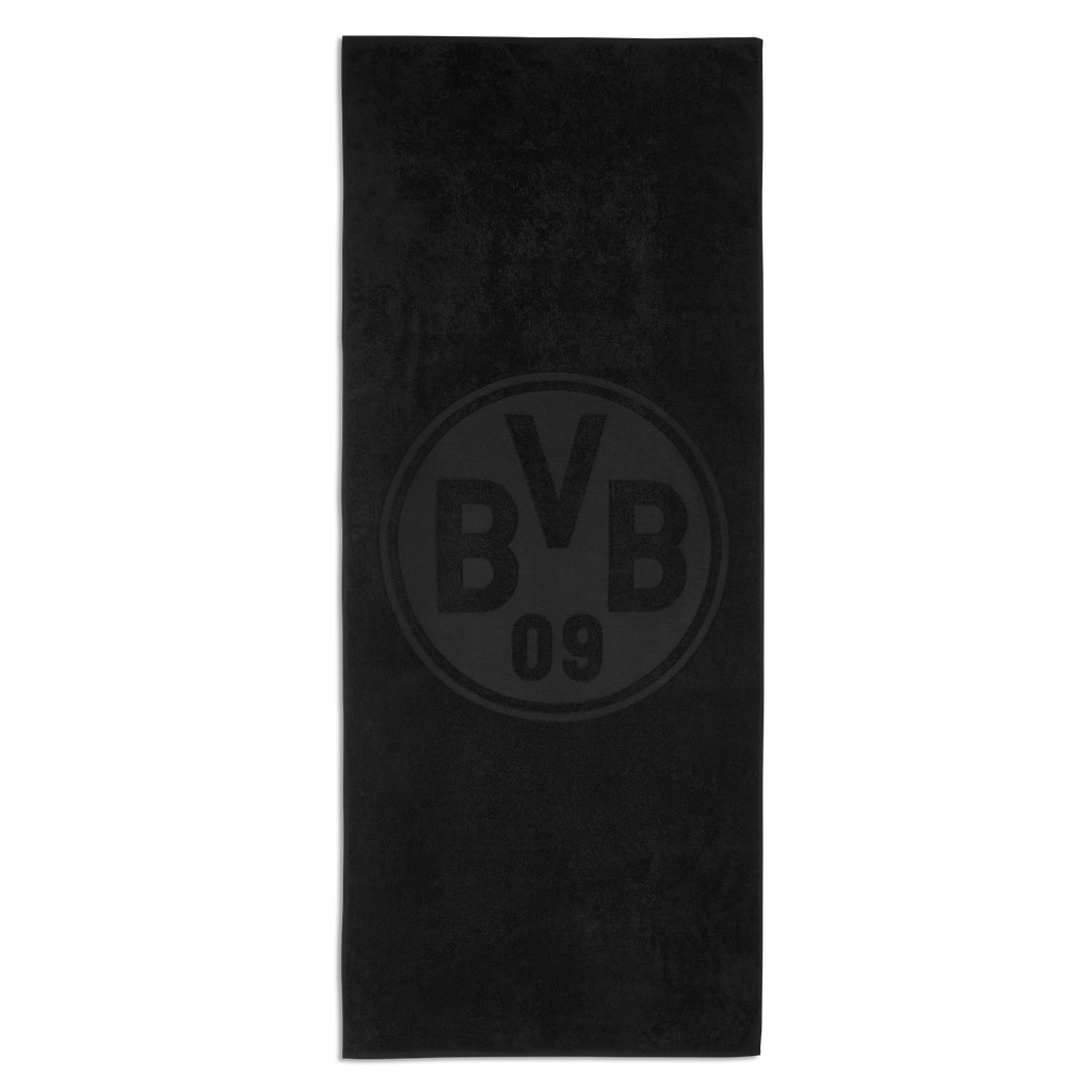 Serviette de bain BVB noire arborant le logo BVB-09 au centre, dimensions : 70 x 180 cm, idéale pour les supporters du Borussia Dortmund.