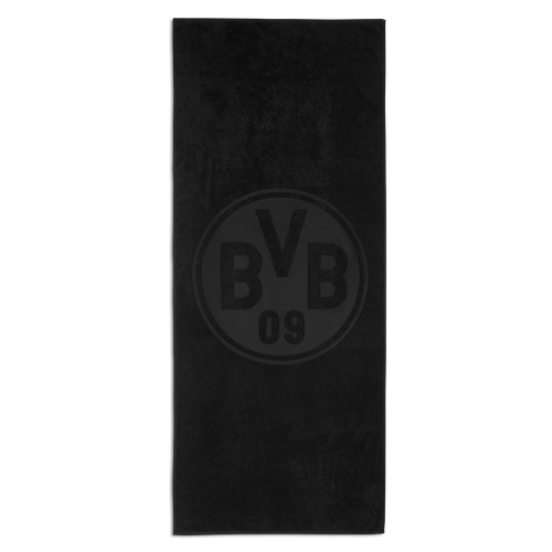 Serviette de bain BVB noire arborant le logo BVB-09 au centre, dimensions : 70 x 180 cm, idéale pour les supporters du Borussia Dortmund.