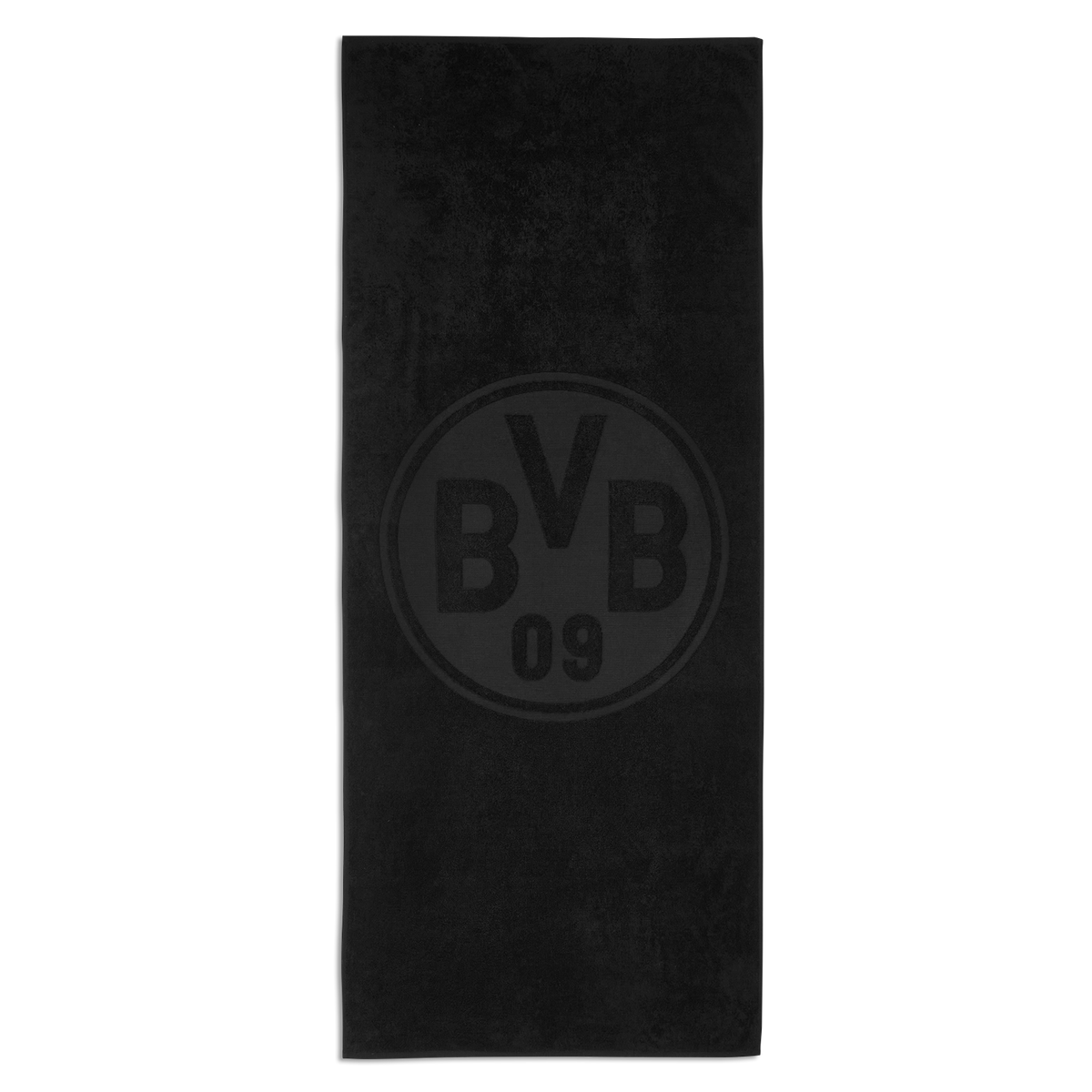 BVB-Badetuch in Schwarz mit zentralem BVB-09-Logo, 70 x 180 cm groß, ideal für Fans von Borussia Dortmund.