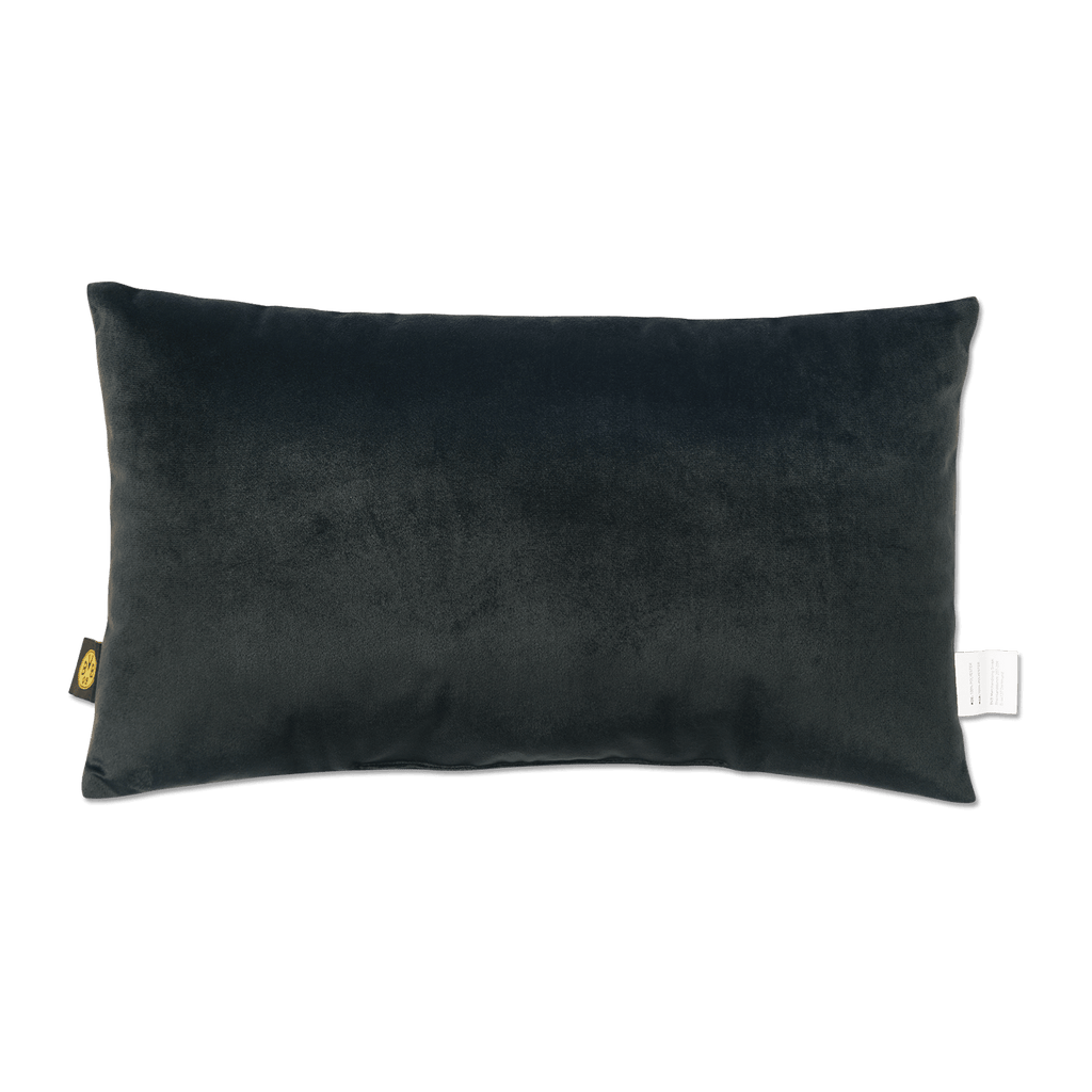 Coussin noir en cordon avec le logo jaune du BVB, de forme rectangulaire, destiné aux supporters du Borussia Dortmund comme accessoire de décoration.