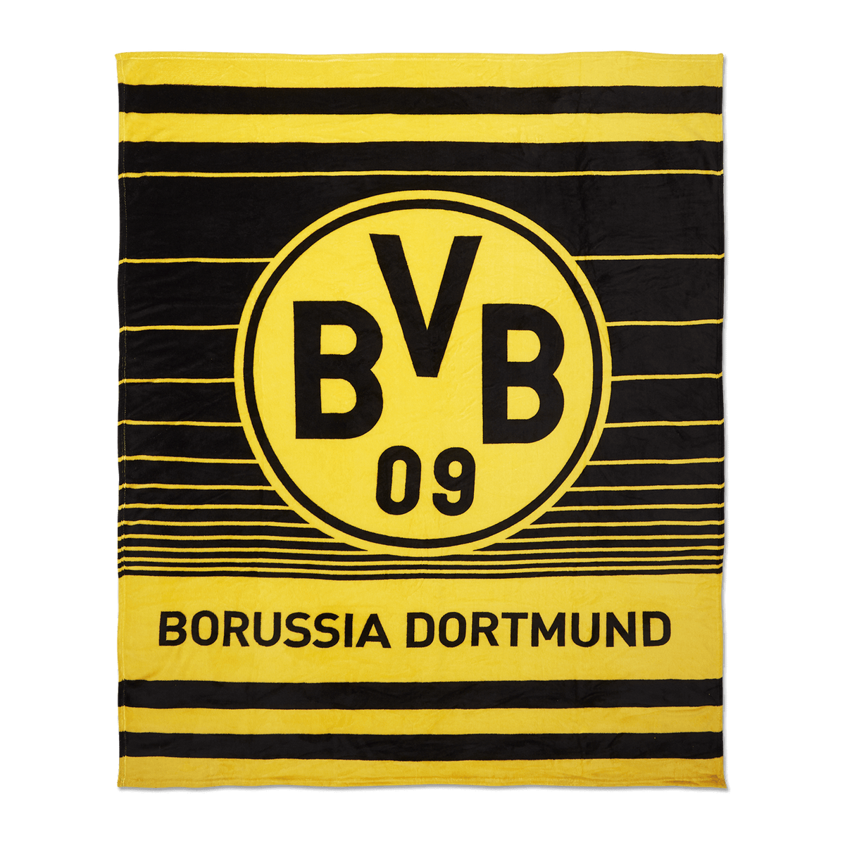 Black-and-yellow fleece blanket featuring the BVB 09 logo and "Borussia Dortmund" lettering, perfect for fans of the Borussia Dortmund soccer club.