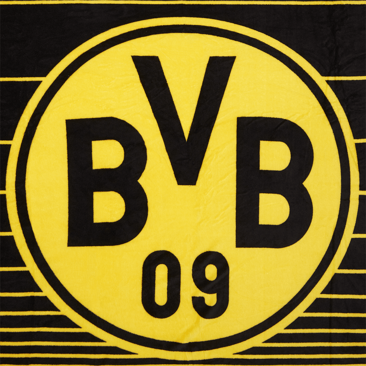 Black-and-yellow BVB fleece blanket with a large BVB logo and striped pattern, perfect for Borussia Dortmund fans.