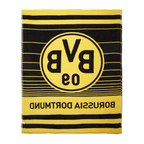 BVB fleece blanket in a black-and-yellow striped design featuring a prominent BVB logo and "BORUSSIA DORTMUND" lettering, ideal for fans of the club.