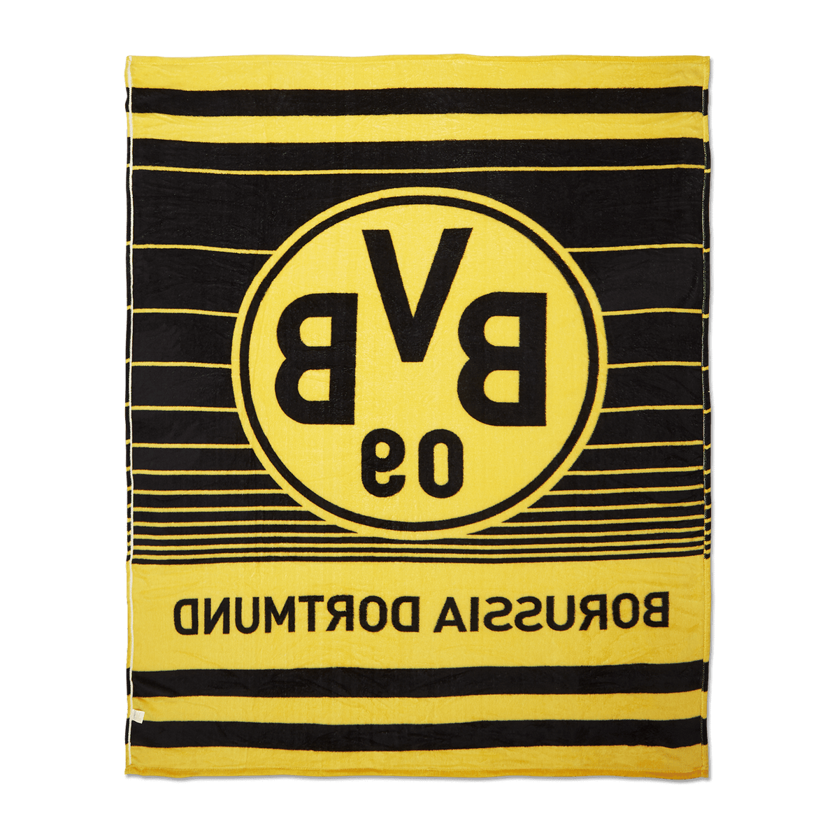 BVB fleece blanket in a black-and-yellow striped design featuring a prominent BVB logo and "BORUSSIA DORTMUND" lettering, ideal for fans of the club.