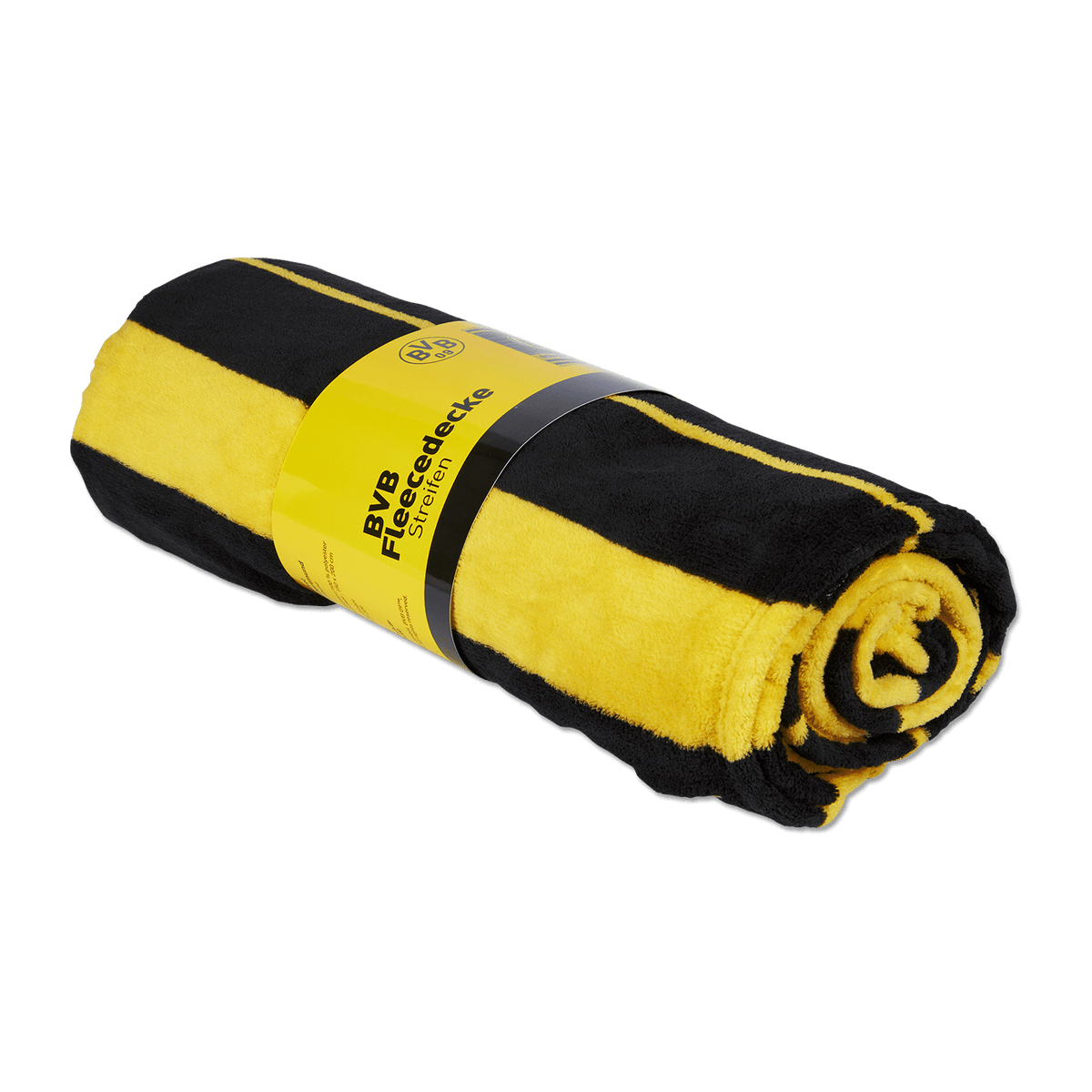 Suave manta de forro polar del BVB con diseño a rayas en negro y amarillo y el logotipo oficial del BVB en el embalaje, ideal para los aficionados y para los días fríos.