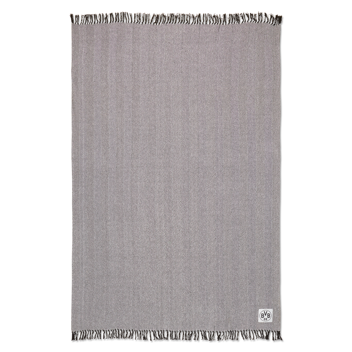 Couverture en coton BVB gris-noir à motif en zigzag, 150 x 200 cm, logo BVB dans un coin, idéale pour les supporters et certifiée GOTS pour sa qualité supérieure.