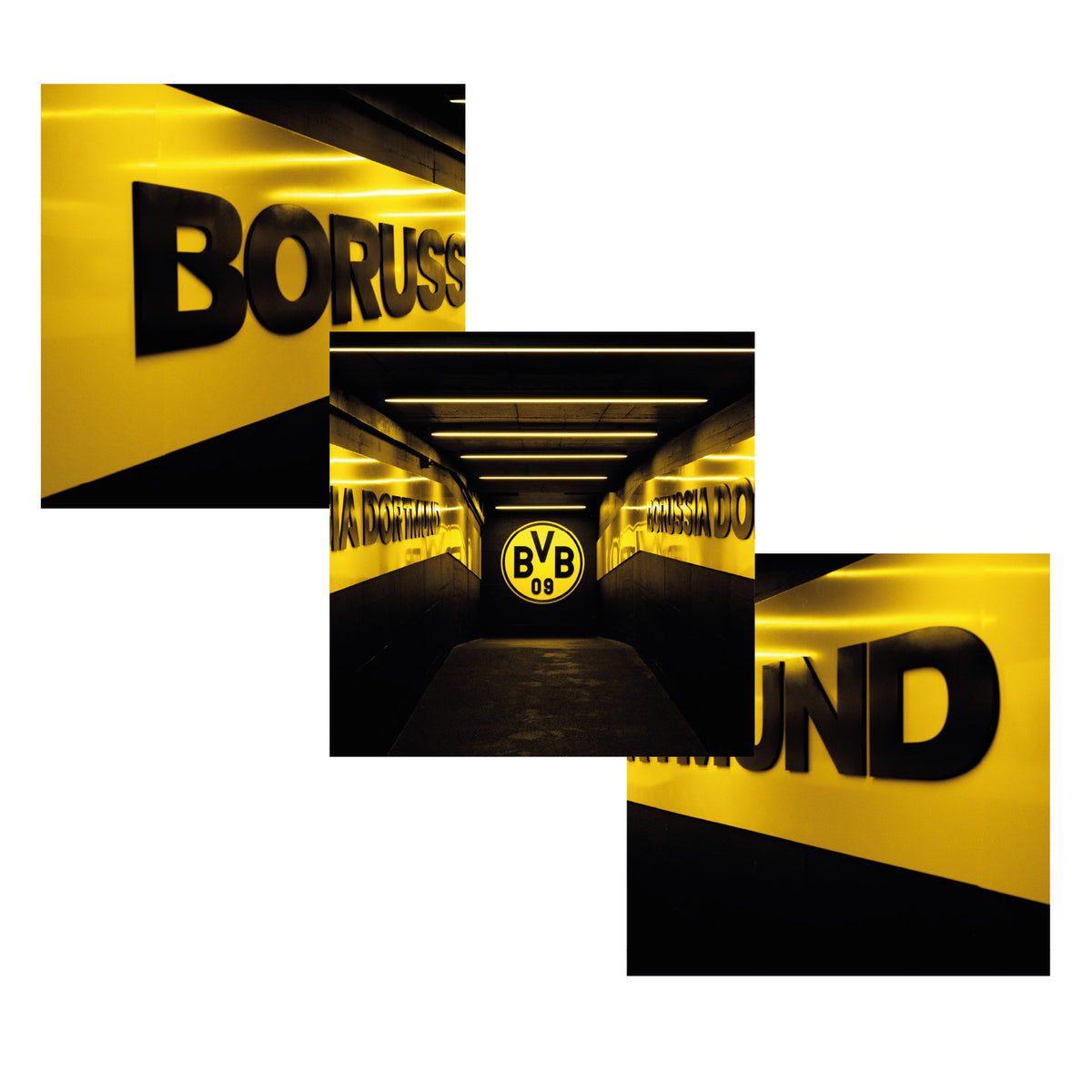 Kunstdruck der BVB Spielertunnel-Serie mit dem BVB 09-Logo und schwarzgelbem Design, inspiriert vom SIGNAL IDUNA PARK.