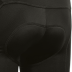Pantaloncini da ciclismo neri del BVB, imbottiti, vista posteriore, perfetti per il ciclismo e per i tifosi del Borussia Dortmund.