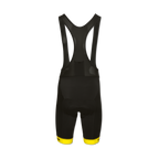 Vista posteriore di un paio di pantaloncini da ciclismo del BVB nei colori nero e giallo, con imbottitura integrata ed elementi gialli sui polsini.