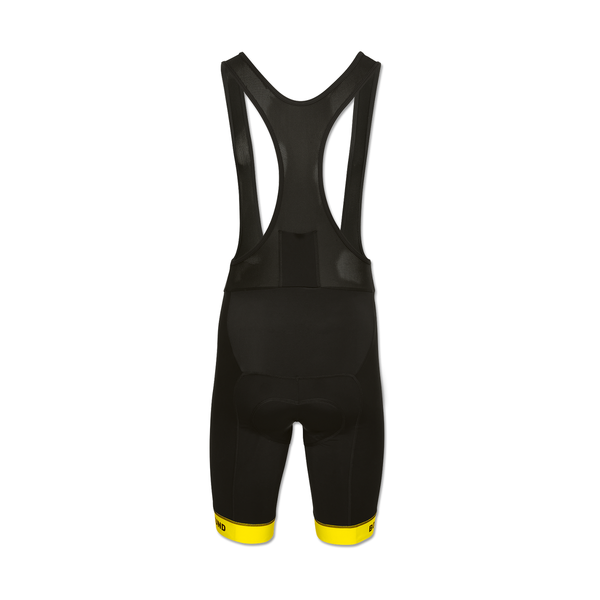 Vista posteriore di un paio di pantaloncini da ciclismo del BVB nei colori nero e giallo, con imbottitura integrata ed elementi gialli sui polsini.