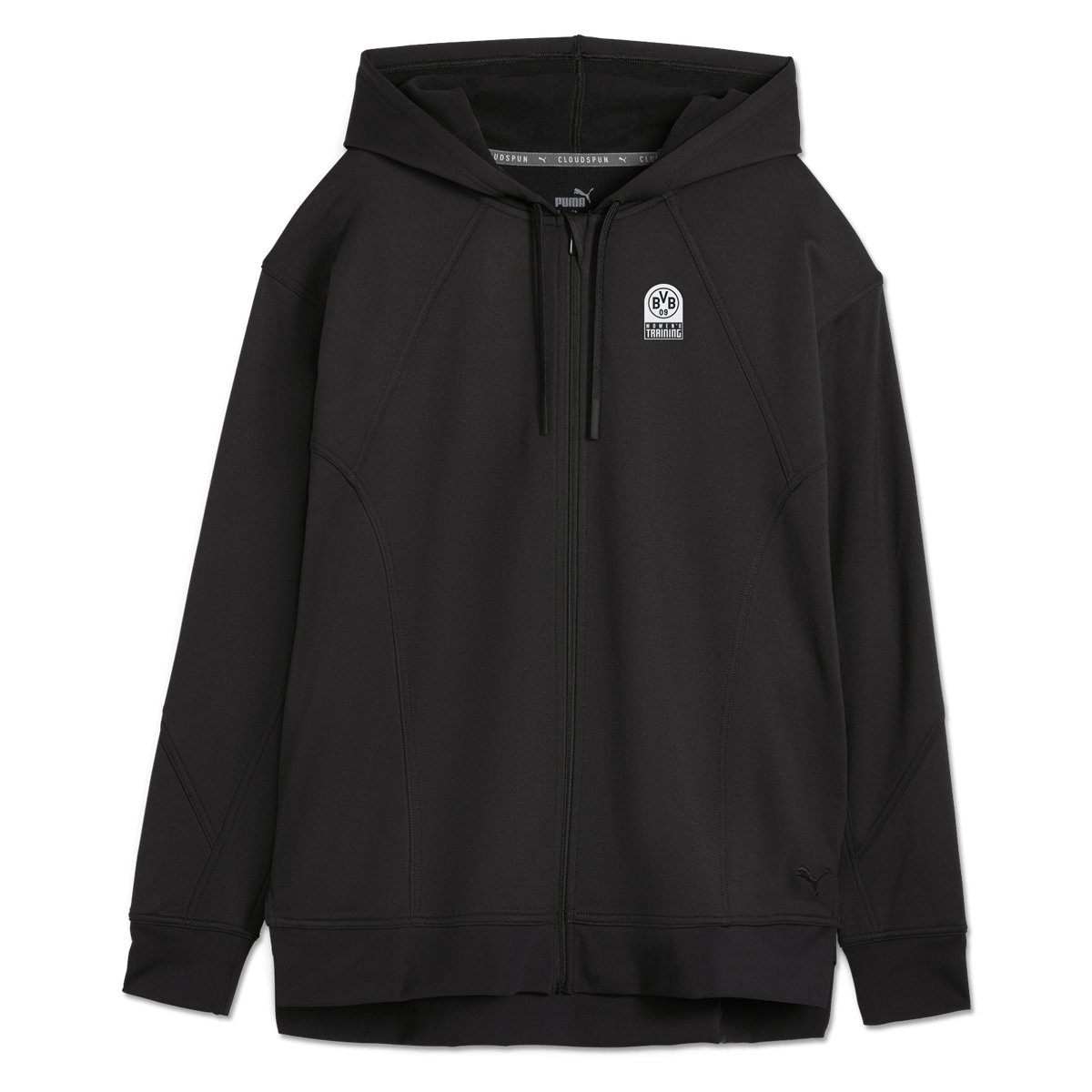 Schwarzes BVB x PUMA Gym Zip Hoodie für Damen mit Kapuze, durchgehendem Reißverschluss und sichtbarem BVB-Emblem auf der Brust, ideal für Sport und Freizeit