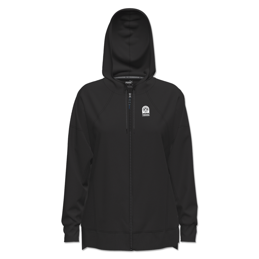 Sweat à capuche zippé BVB x PUMA pour femme, de couleur noire, avec l'emblème du BVB sur la poitrine et un style sportif.