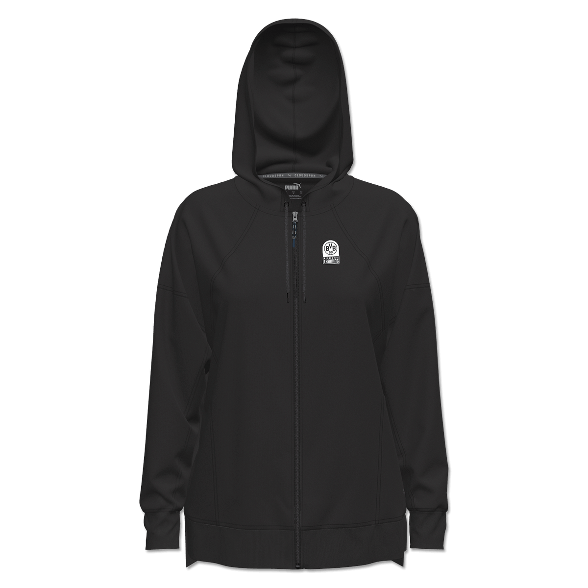 Schwarzfarbener BVB x PUMA Gym Zip Hoodie für Frauen mit Reißverschluss, BVB-Emblem auf der Brust und sportlichem Design.