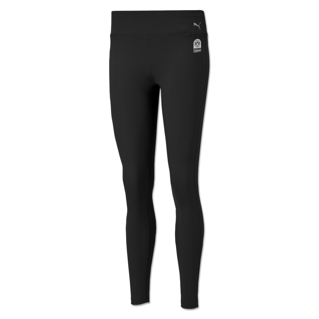 Legging de sport noir BVB x PUMA pour femme, legging moulant orné des logos BVB et PUMA, coupe optimale pour le sport et les loisirs.