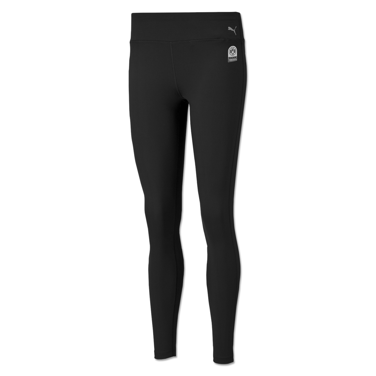 Mallas deportivas negras BVB x PUMA para mujer, mallas deportivas que se ajustan al cuerpo con el logotipo del BVB y el de PUMA, ajuste óptimo para el deporte y el tiempo libre.