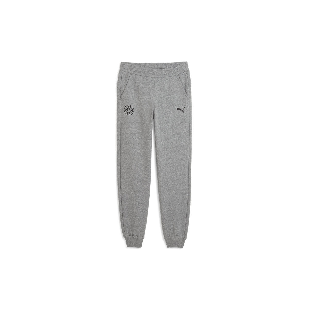 Graue BVB-Freizeithose Essential für Kinder, mit elastischem Bund, seitlichen Taschen und schwarzem BVB- sowie PUMA-Logo.