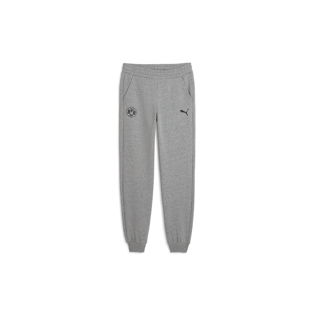 Gray BVB Essential casual pants for kids, with an elastic waistband, side pockets, and black BVB and PUMA logos.