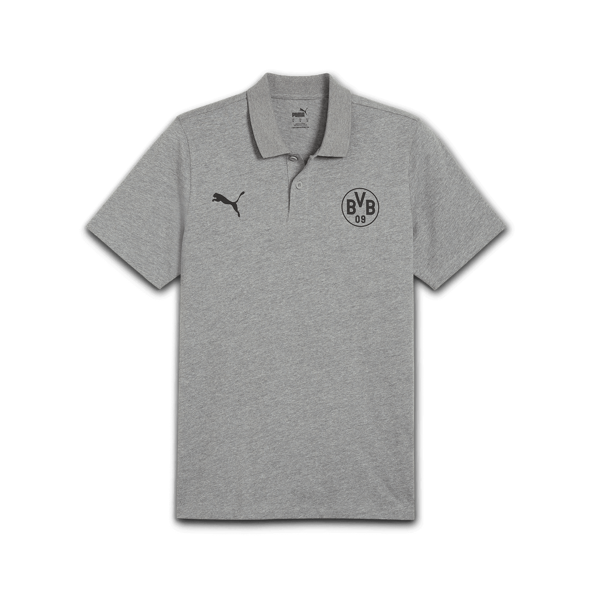 Polo gris avec le logo du BVB et l'emblème PUMA, idéal pour les supporters du Borussia Dortmund.