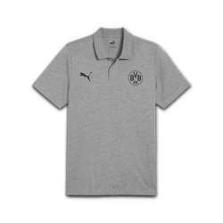 Graues Polo-Shirt mit BVB-Logo und PUMA-Emblem, ideal für Borussia Dortmund-Fans.