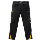 Black-and-yellow BVB work pants from the 2023/24 collection, featuring the PUMA logo, multiple pockets, and a sporty design; rear view.
