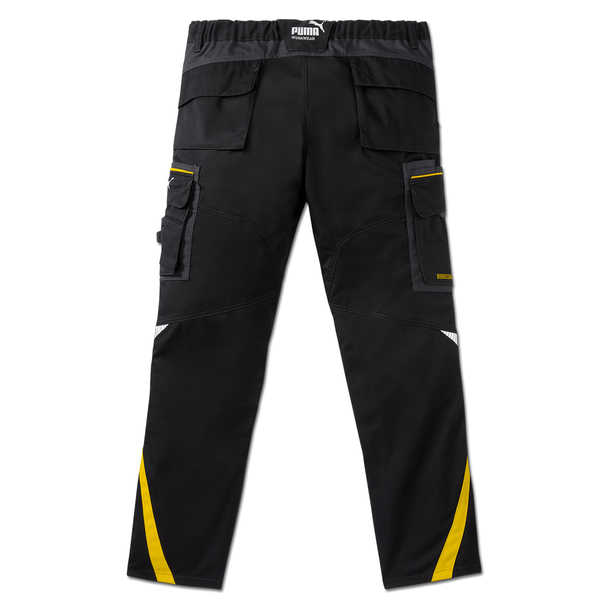 Black-and-yellow BVB work pants from the 2023/24 collection, featuring the PUMA logo, multiple pockets, and a sporty design; rear view.