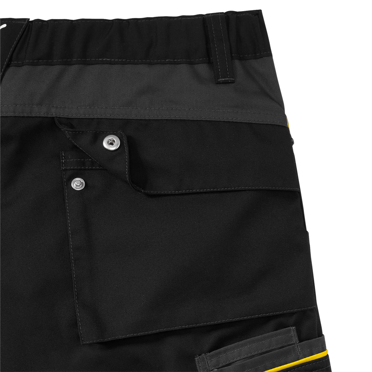 Close-up view of the black-and-yellow BVB work pants with functional pockets and durable material.