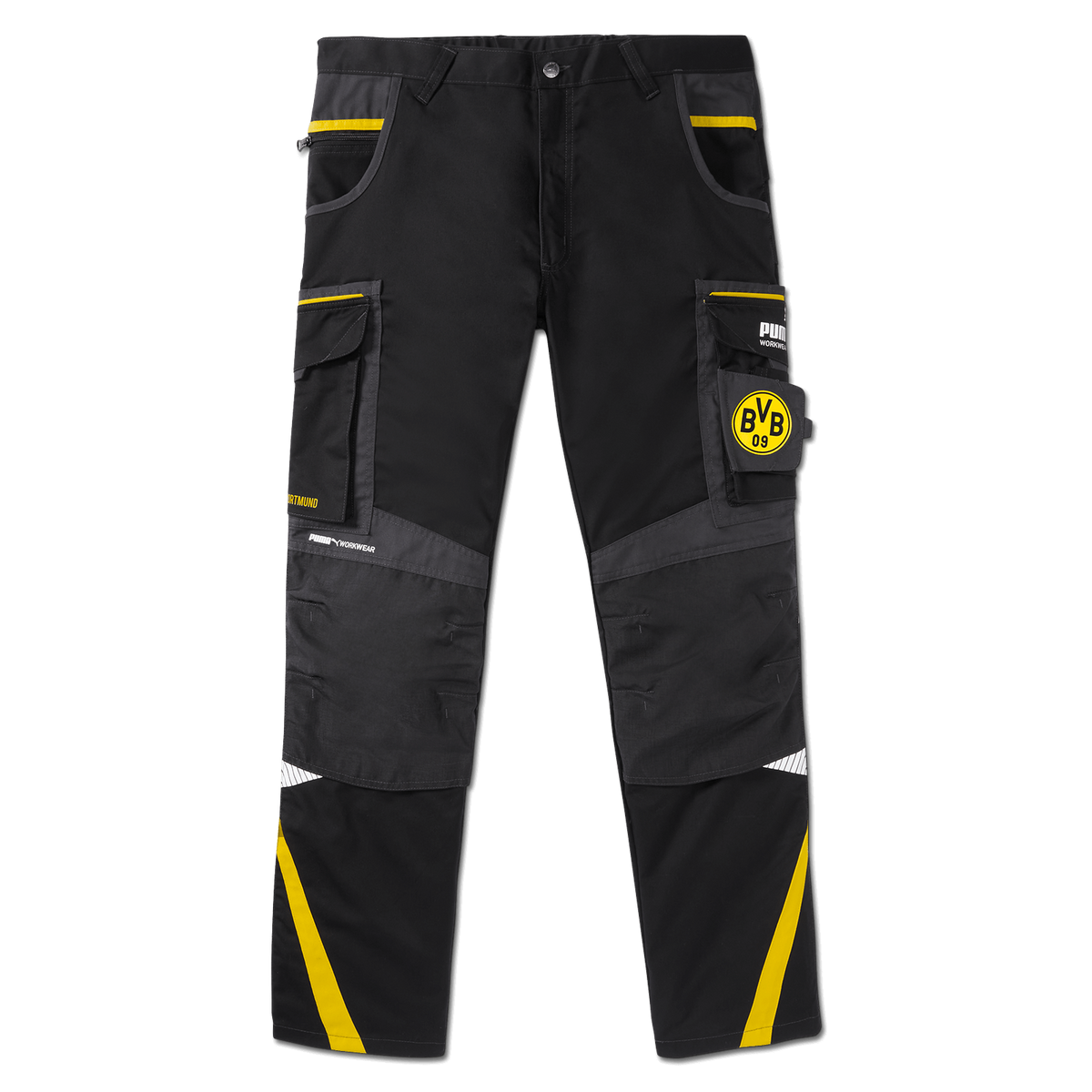 Pantalones de trabajo del BVB 23-24 en negro y amarillo, con bolsillos laterales, el logotipo del BVB y la marca PUMA, aptos para el trabajo y el día a día.