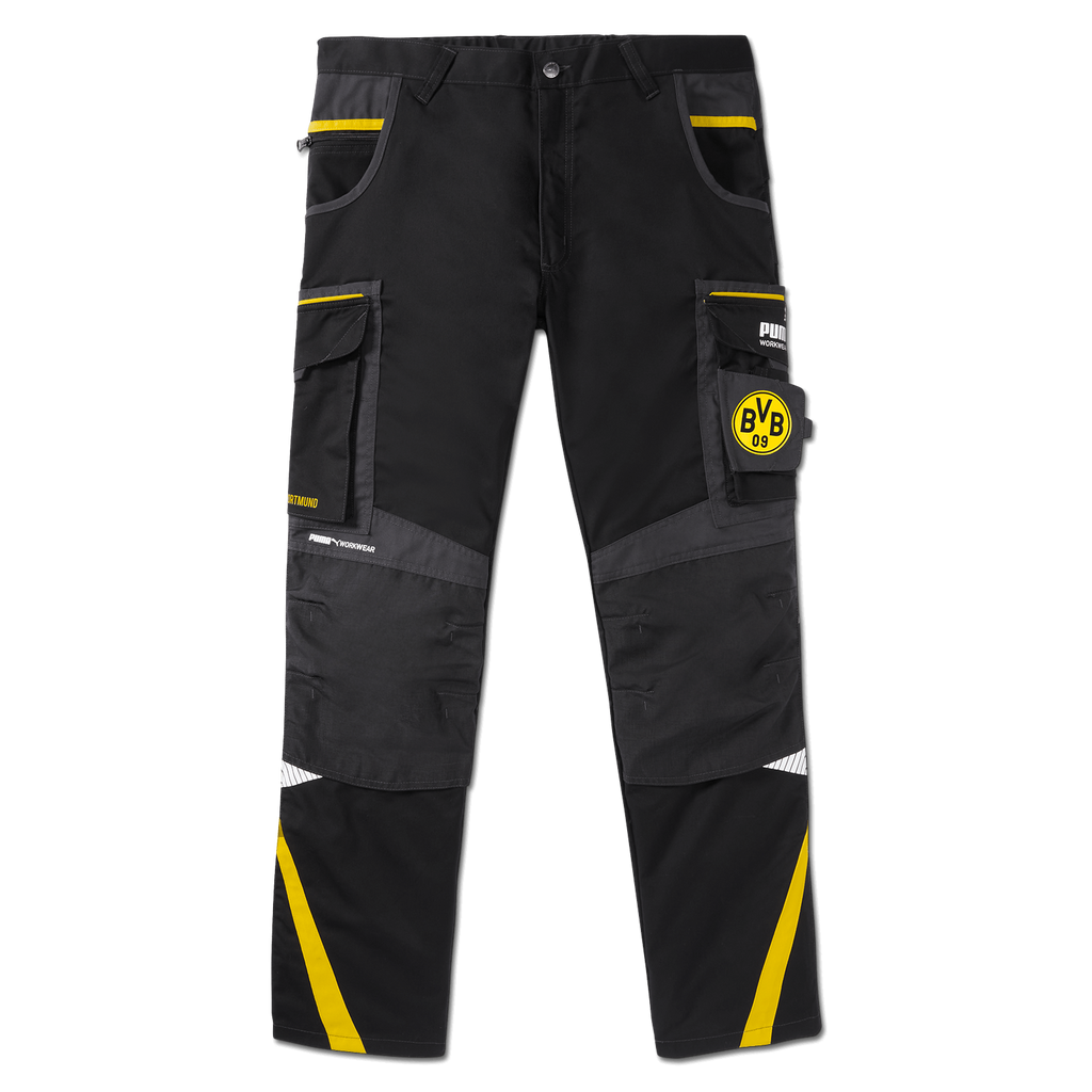 BVB-Arbeitsbundhose 23-24 in Schwarzgelb mit seitlichen Taschen, BVB-Logo und PUMA-Branding, geeignet für Arbeit und Alltag.