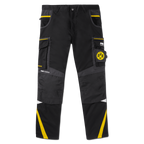 BVB-Arbeitsbundhose 23-24 in Schwarzgelb mit seitlichen Taschen, BVB-Logo und PUMA-Branding, geeignet für Arbeit und Alltag.