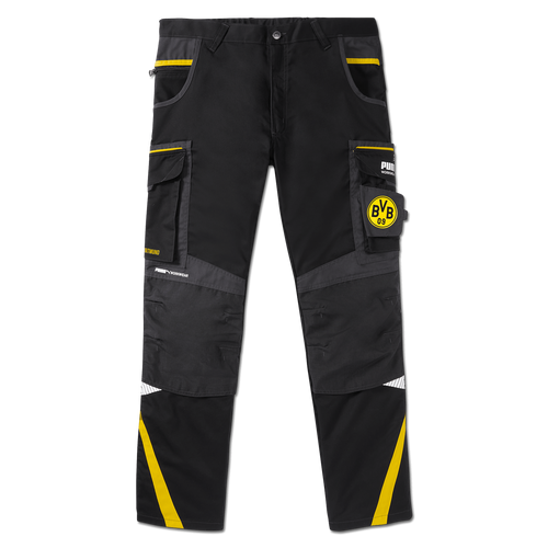 Pantaloni da lavoro BVB taglia 23-24 nei colori nero e giallo, con tasche laterali, logo BVB e marchio PUMA, adatti sia al lavoro che alla vita quotidiana.