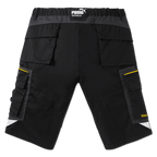 Pantaloncini da lavoro neri del BVB con dettagli gialli, pratiche tasche e logo PUMA, vista posteriore. Design funzionale per i tifosi.