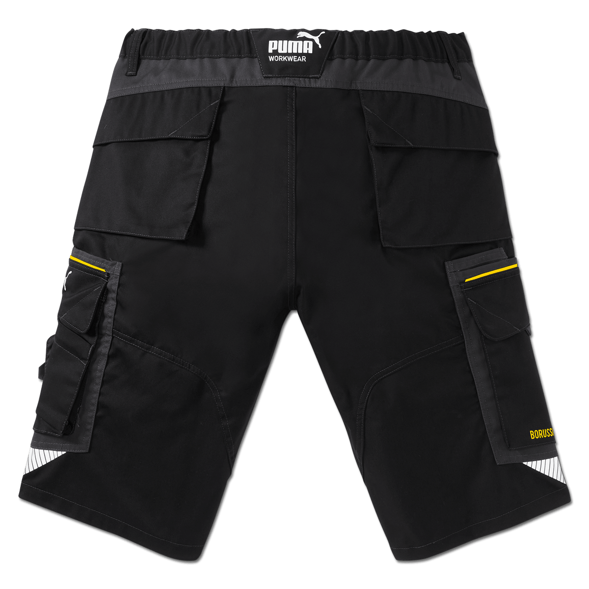 Pantalones cortos negros de entrenamiento del BVB con detalles en amarillo, prácticos bolsillos y el logotipo de PUMA, vista trasera. Diseño funcional para los aficionados.