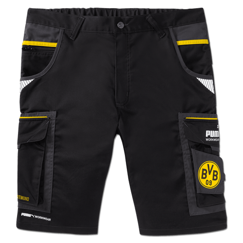Schwarze BVB Arbeitsshorts mit gelben Akzenten, PUMA-Logo, BVB-Emblem und mehreren Taschen, ideal für Fans und praktische Einsätze.