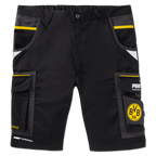 Pantaloncini da lavoro neri del BVB con dettagli gialli, logo PUMA, stemma del BVB e diverse tasche, ideali per i tifosi e per un uso pratico.