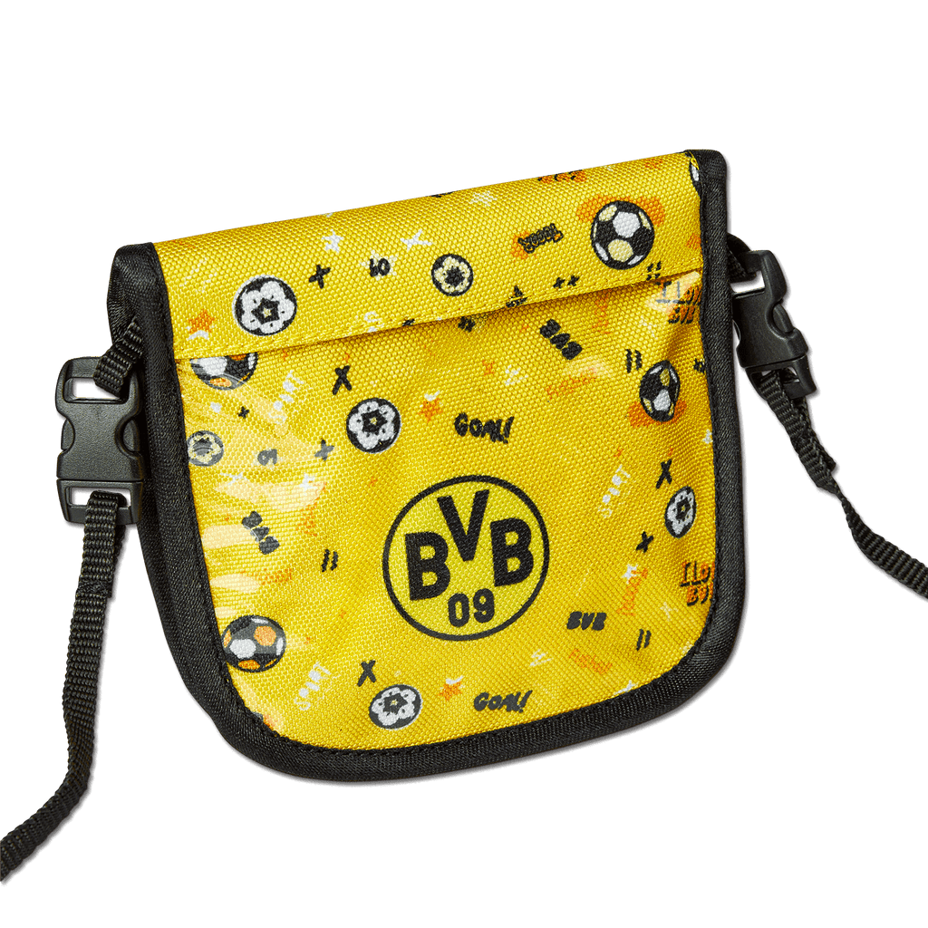 ボルシア・ドルトムント（BVB）のロゴと遊び心あふれるサッカーのデザインが施された、黒と黄色のBVBキッズ用財布。お子様やBVB 09のファンに最適です。
