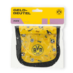 黒と黄色のBVBキッズ用財布。サッカーをモチーフにした装飾と目立つBVB 09のロゴが施されており、子供向けの理想的なファンアイテムです。魅力的なパッケージ入り。