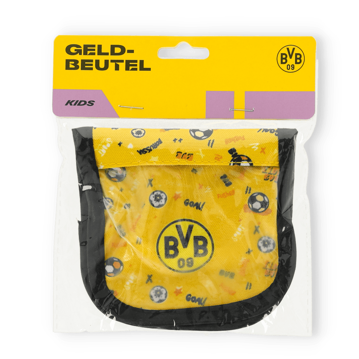 黒と黄色のBVBキッズ用財布。サッカーをモチーフにした装飾と目立つBVB 09のロゴが施されており、子供向けの理想的なファンアイテムです。魅力的なパッケージ入り。
