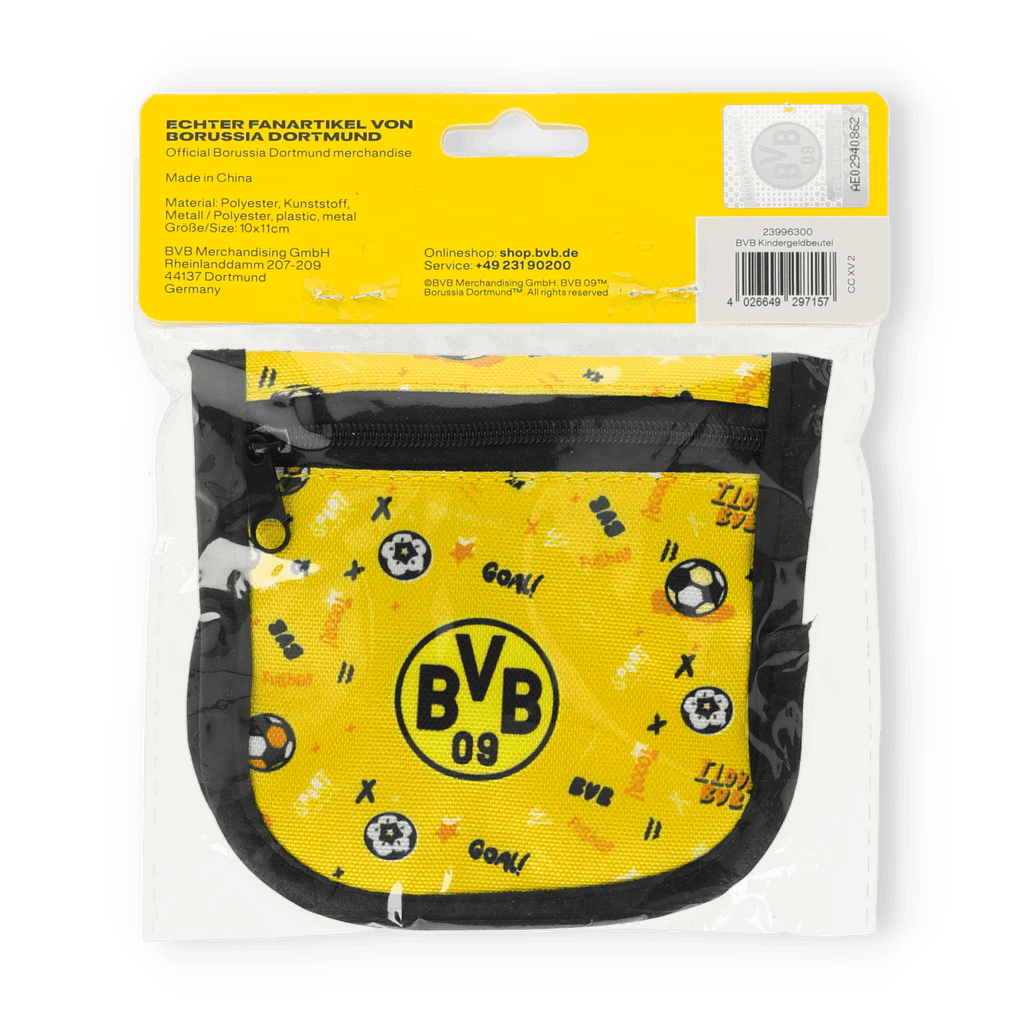 サッカーのモチーフとBVB 09のロゴが入った、黒と黄色のBVBキッズ用財布。ボルシア・ドルトムントの若いファンにぴったりです。