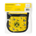サッカーのモチーフとBVB 09のロゴが入った、黒と黄色のBVBキッズ用財布。ボルシア・ドルトムントの若いファンにぴったりです。
