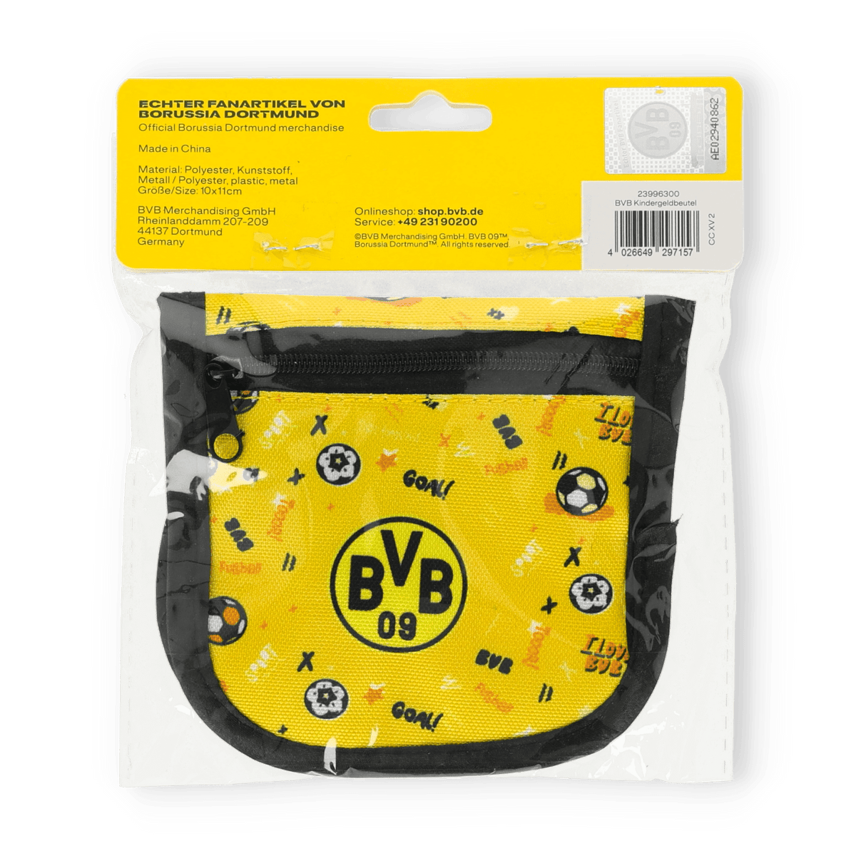 サッカーのモチーフとBVB 09のロゴが入った、黒と黄色のBVBキッズ用財布。ボルシア・ドルトムントの若いファンにぴったりです。