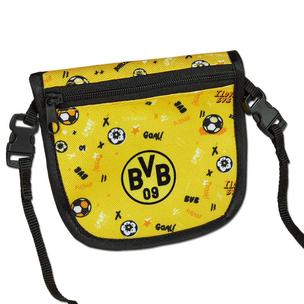 BVBのロゴ「BVB 09」とサッカーのモチーフをあしらった、黒と黄色のBVBキッズ用財布。小さなファンにぴったりです。
