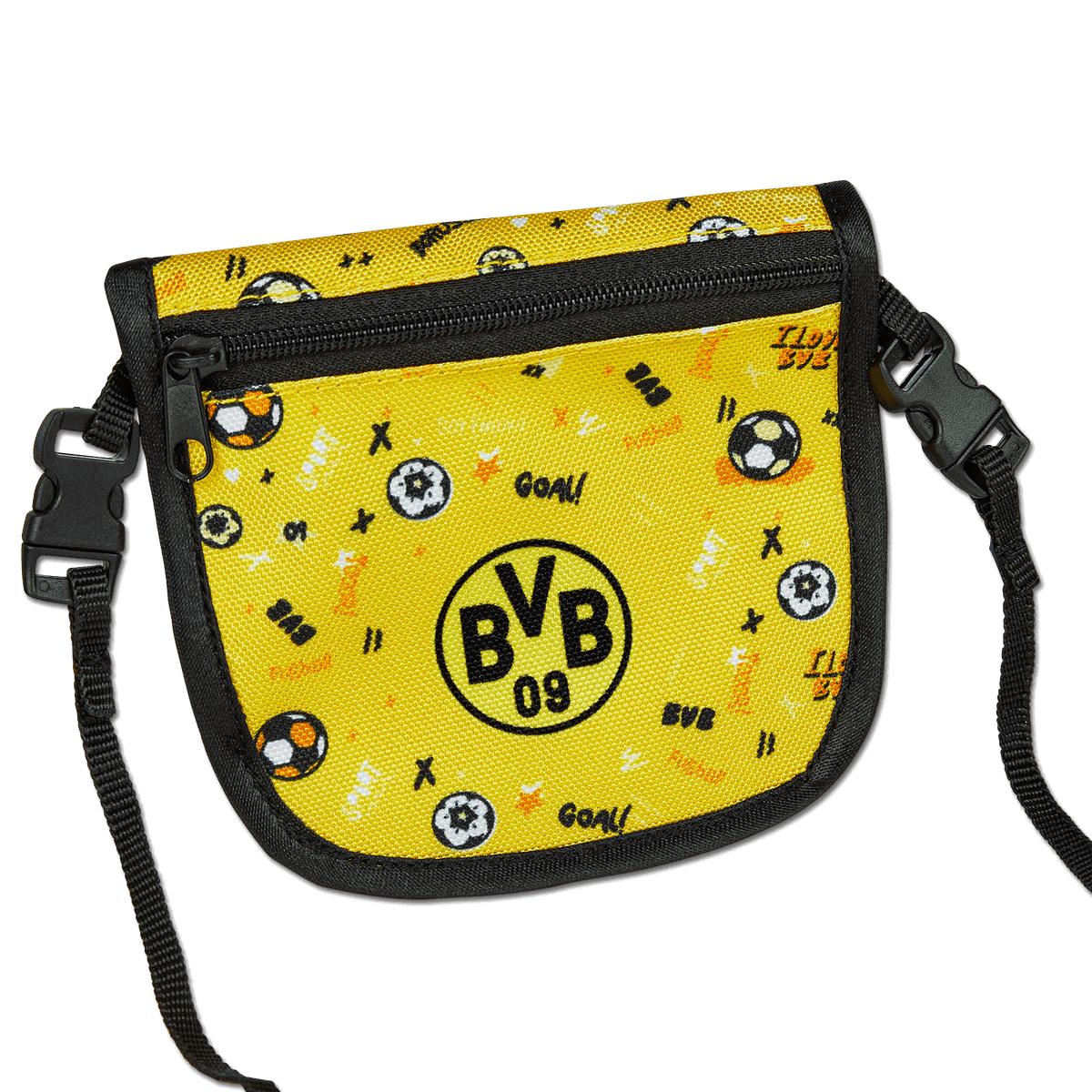 BVBのロゴ「BVB 09」とサッカーのモチーフをあしらった、黒と黄色のBVBキッズ用財布。小さなファンにぴったりです。